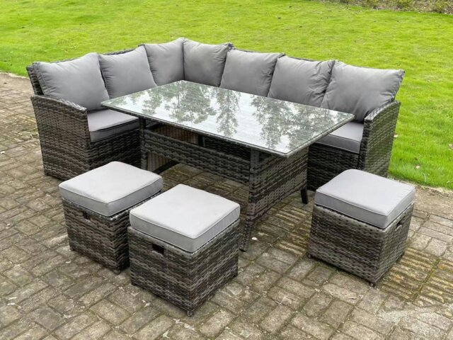 Rackhams High Back Dark Mixed Grey Rattan Corner Sofa Set Outdoor Furniture Rectangular Dining Table 3 Small Footstools 9 Seater - image 1