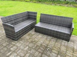 Rackhams High Back Dark Mixed Grey Rattan Corner Sofa Set Outdoor Furniture Rectangular Dining Table 3 Small Footstools 9 Seater - thumbnail 2