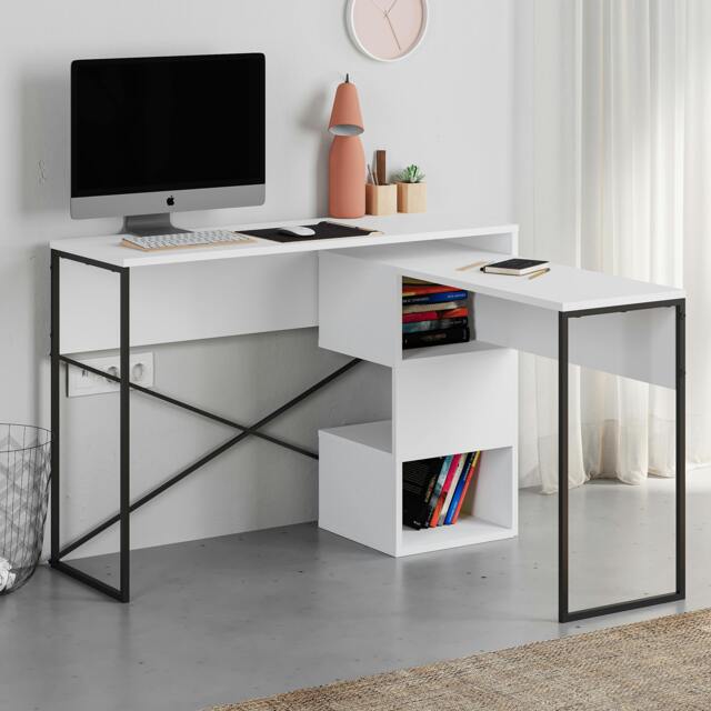 Rackhams Modern Badau L-Shaped Computer Desk Metal Legs 3 Adjustable Storage Shelf Extra Table 110cm(W) Work PC Office - Black - image 1