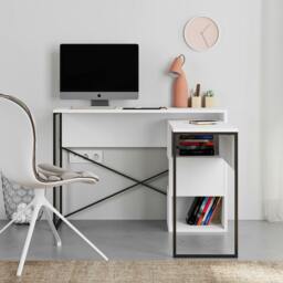 Rackhams Modern Badau L-Shaped Computer Desk Metal Legs 3 Adjustable Storage Shelf Extra Table 110cm(W) Work PC Office - Black - thumbnail 5