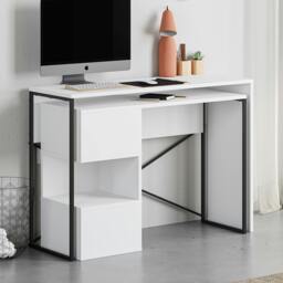 Rackhams Modern Badau L-Shaped Computer Desk Metal Legs 3 Adjustable Storage Shelf Extra Table 110cm(W) Work PC Office - Black - thumbnail 4