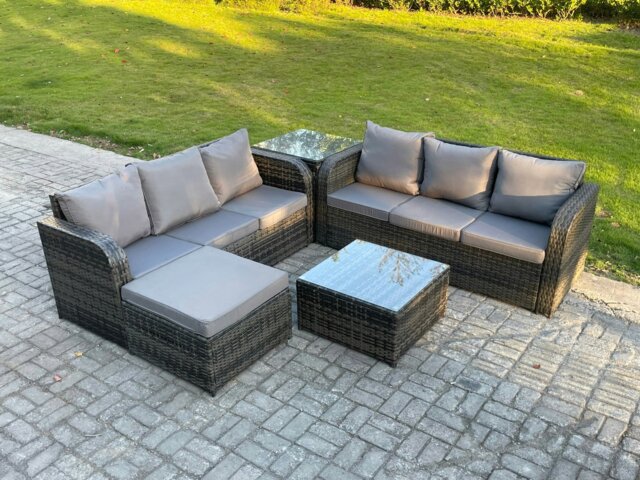 Rackhams Indoor Outdoor Rattan Garden Furniture 7 Seater Set Table Sofa Chair Patio Conservatory with Grey Cushions Big Footstool Side Table - image 1