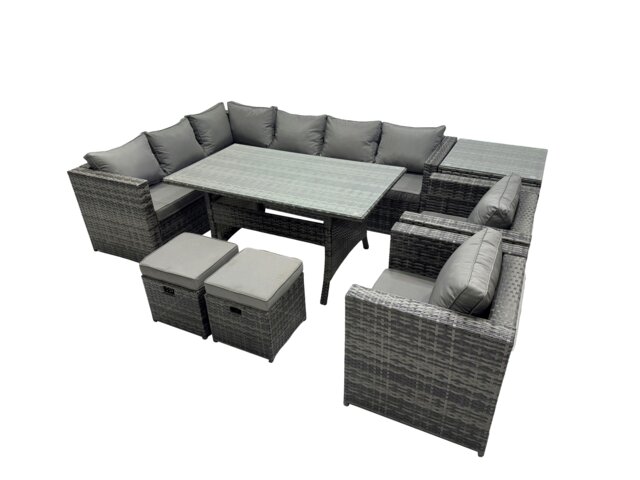 Rackhams Outdoor PE Rattan Sofa Set with Dining Table Patio Garden Furniture Sets with 2 Small Stools Side Table Dark Grey Mixed - image 1