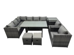 Rackhams Outdoor PE Rattan Sofa Set with Dining Table Patio Garden Furniture Sets with 2 Small Stools Side Table Dark Grey Mixed - thumbnail 2
