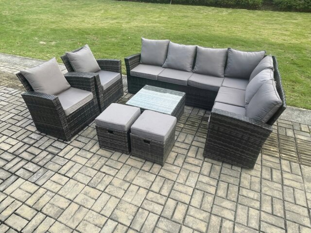 Rackhams 10 Seat Rattan Garden Furniture Corner Sofa Set Outdoor Patio Sofa Table Set with 2 Small Footstools 2 Armchairs Dark Grey Mixed - image 1