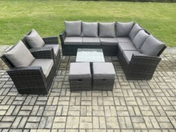 Rackhams 10 Seat Rattan Garden Furniture Corner Sofa Set Outdoor Patio Sofa Table Set with 2 Small Footstools 2 Armchairs Dark Grey Mixed - thumbnail 2