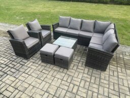 Rackhams 10 Seat Rattan Garden Furniture Corner Sofa Set Outdoor Patio Sofa Table Set with 2 Small Footstools 2 Armchairs Dark Grey Mixed - thumbnail 1