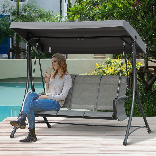 Rackhams 3 Seat Metal Fabric Backyard Balcony Patio Swing Chair w/ Canopy Grey - Charcoal grey - image 1