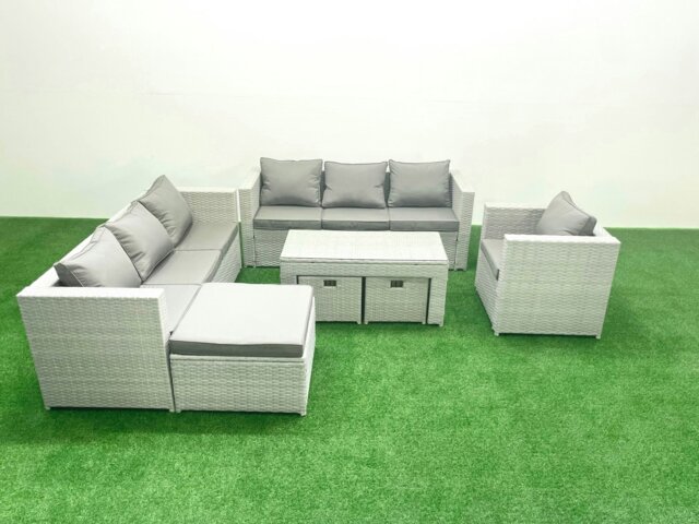 Rackhams Wicker PE Rattan Sofa Garden Furniture Set with Oblong Coffee Table Armchair 3 Footstools Light Grey Mixed - image 1