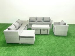 Rackhams Wicker PE Rattan Sofa Garden Furniture Set with Oblong Coffee Table Armchair 3 Footstools Light Grey Mixed - thumbnail 2