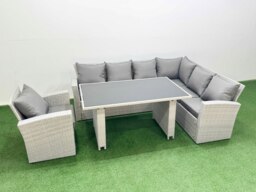 Rackhams Outdoor Garden Furniture Sets 7 Seater Wicker Rattan Corner Sofa Sets with Rectangular Dining Table Lounge Sofa Armchair Light Grey