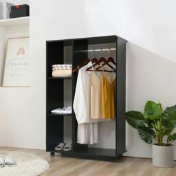 Rackhams Open Wardrobe on Wheels, Bedroom Wardrobe with Clothes Hanging Rail, 3 Storage Shelves, Mobile Garment Rack for Cloakroom, Hallway, Black - thumbnail 2