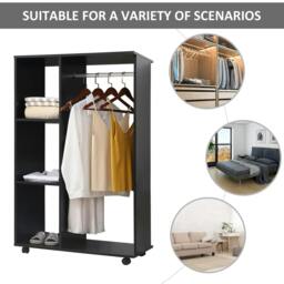 Rackhams Open Wardrobe on Wheels, Bedroom Wardrobe with Clothes Hanging Rail, 3 Storage Shelves, Mobile Garment Rack for Cloakroom, Hallway, Black - thumbnail 4