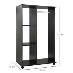 Rackhams Open Wardrobe on Wheels, Bedroom Wardrobe with Clothes Hanging Rail, 3 Storage Shelves, Mobile Garment Rack for Cloakroom, Hallway, Black - thumbnail 3