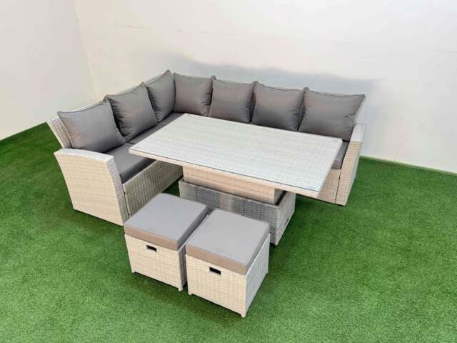 Rackhams 8 Seat Rattan Garden Furniture Corner Sofa Set Adjustable Lifting Dining or Coffee Table with Armchair 2 Small Footstools Light Grey - image 1