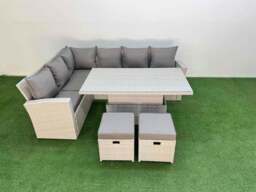 Rackhams 8 Seat Rattan Garden Furniture Corner Sofa Set Adjustable Lifting Dining or Coffee Table with Armchair 2 Small Footstools Light Grey - thumbnail 2