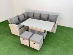 Rackhams 8 Seat Rattan Garden Furniture Corner Sofa Set Adjustable Lifting Dining or Coffee Table with Armchair 2 Small Footstools Light Grey - thumbnail 1