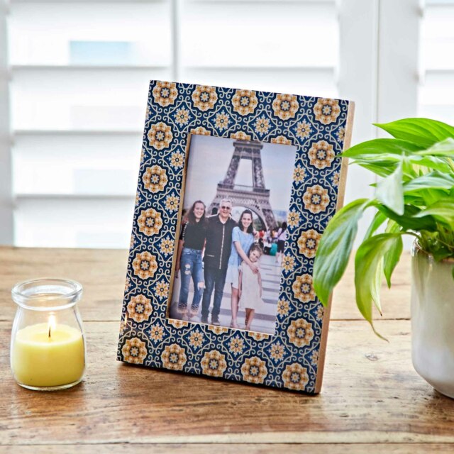 "Rackhams 6"" x 4"" Neela Blue and Gold Patterned Photo Frame - Resin" - image 1
