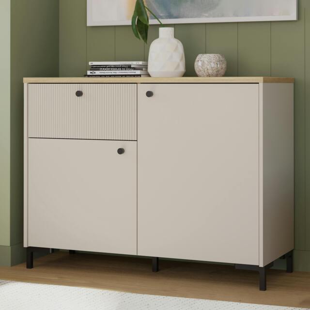 Rackhams Bixbite Sideboard with Fluted Detail, Drawer & Cupboard in Mauvella Oak and Sand - W 103.1 X H 79 X D 41.9cm - Mauvella Oak & Sand - 1 - image 1