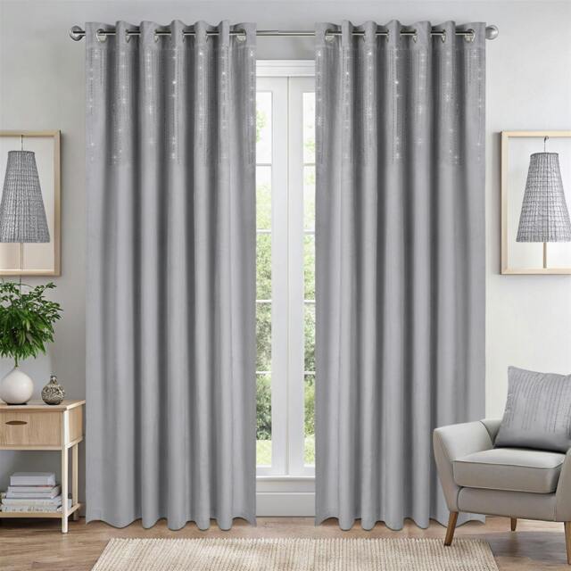 Rackhams Triple Woven Blackout Velvet Diamante Ring Top Curtains - Silver - 117cm width x 229cm drop - image 1