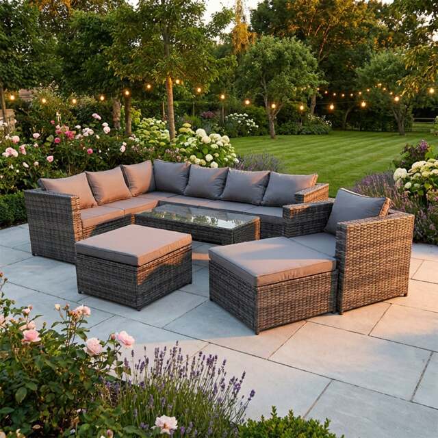 Rackhams 8 Seater Outdoor Rattan Garden Furniture Set with Corner Sofa, Arm Chair, Coffee Table, 2 Footstools - Dark Grey Mixed - image 1