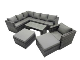 Rackhams 8 Seater Outdoor Rattan Garden Furniture Set with Corner Sofa, Arm Chair, Coffee Table, 2 Footstools - Dark Grey Mixed - thumbnail 2