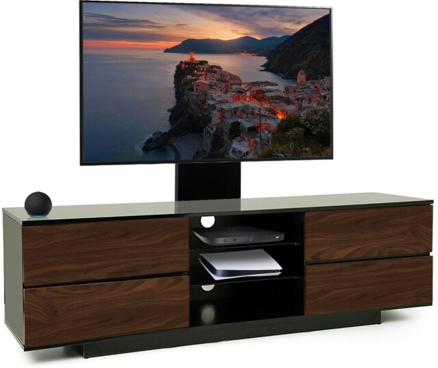 "Rackhams AVITUS Gloss Black with 4-Walnut Drawers for up to 65"" LED/LCD/Plasma TV Stand with Mounting Arm" - image 1