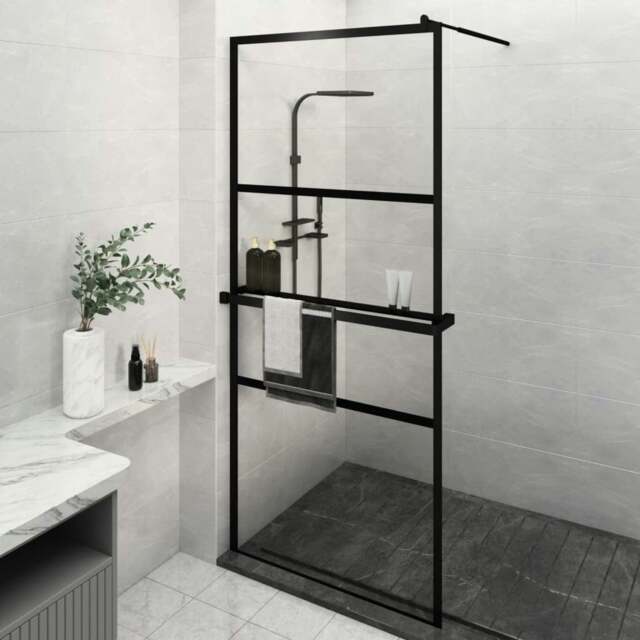 Rackhams Walk-in Shower Wall with Shelf Black 100x195 cm ESG Glass&Aluminium
