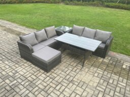 Rackhams Rattan Garden Furniture Set with Oblong Rectangular Dining Table Big Footstool Side Table 5 Pieces Outdoor Lounge Sofa Set Dark Grey Mixed - thumbnail 2