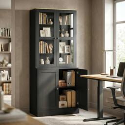 Rackhams Modern Bookcase, Display Cabinet with Adjustable Shelves, Black - thumbnail 1