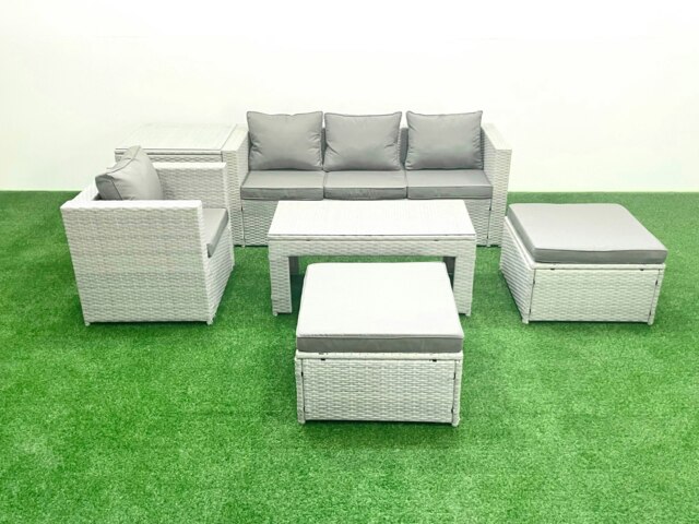 Rackhams Outdoor Rattan Garden Furniture Set with Grey Cushions Luxury 6 Seater with 2 Big Footstools and Coffee Table,Side Table For Conservatory,Patio - image 1