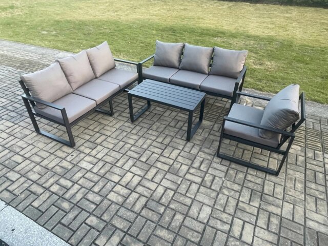 Rackhams Aluminium 7 Seater Garden Furniture Outdoor Patio Sofa Set with Rectangular Coffee Table Armchair Dark Grey - image 1