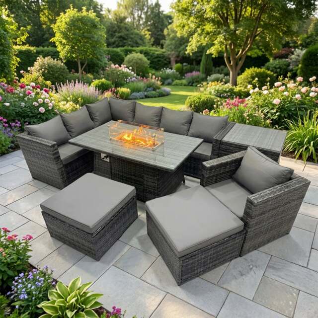 Rackhams 9 Seater Rattan Garden Furniture Set with Gas Fire Pit Dining Table, Corner Sofa, 2 Stools & Side Table - Dark Grey Mixed - image 1