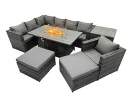 Rackhams 9 Seater Rattan Garden Furniture Set with Gas Fire Pit Dining Table, Corner Sofa, 2 Stools & Side Table - Dark Grey Mixed - thumbnail 2