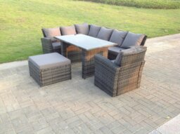 Rackhams 8 Seater High Back Rattan Garden Furniture Set Corner Sofa With Black Tempered Dining Table Footstool With Arm Chair - thumbnail 2
