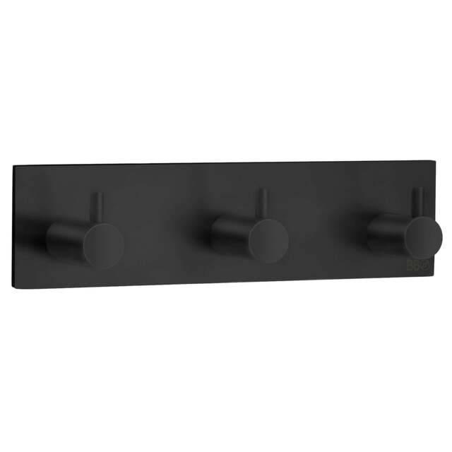 Rackhams Black Stainless Steel Triple Towel Hook (180 x 45mm) Self Adhesive Bathroom Wall Mounted