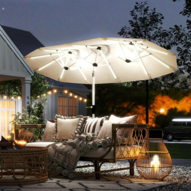 Rackhams 3 m Double-Sided Garden Parasol with Solar Lights - Cream White - image 1