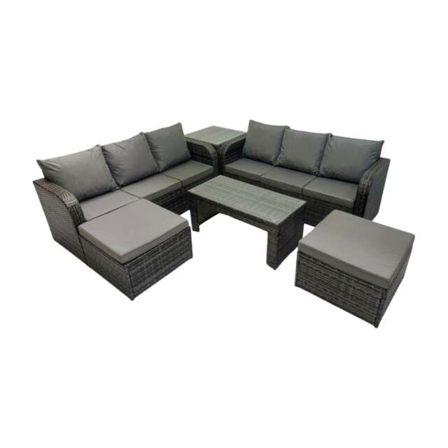 Rackhams Rattan Garden Outdoor Furniture Set 3 Seater Sofa Coffee Table with 2 Big Footstools Side Table Dark Grey Mixed - image 1