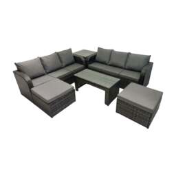 Rackhams Rattan Garden Outdoor Furniture Set 3 Seater Sofa Coffee Table with 2 Big Footstools Side Table Dark Grey Mixed - thumbnail 1