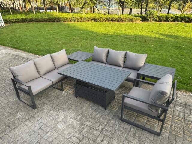 Rackhams Aluminium Garden Furniture Sets,7 Seater Outdoor Sofa Dining Set with Adjustable Rising Lifting Dining Table 2 Side Tables Cushions Dark Grey