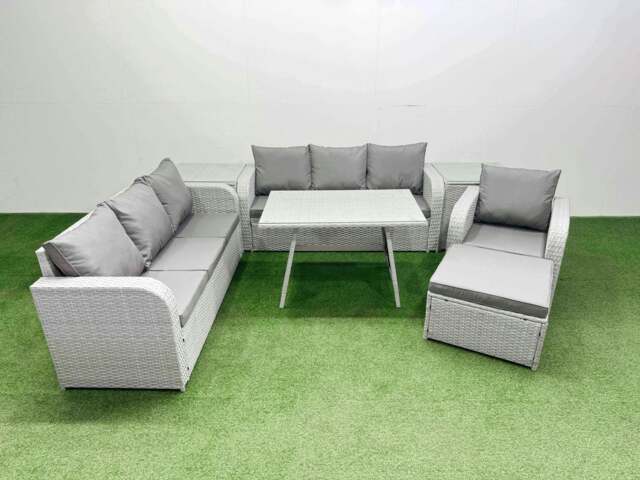 Rackhams 7 Pieces Outdoor PE Rattan Garden Furniture with Cushions Reclining Chair 2 Side Tables Big Stool Light Grey - image 1