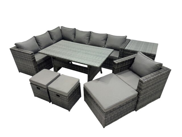 Rackhams Outdoor PE Rattan Sofa Set with Dining Table Patio Garden Furniture Sets with Chair 3 Stool Side Table Dark Grey Mixed - image 1