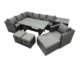 Rackhams Outdoor PE Rattan Sofa Set with Dining Table Patio Garden Furniture Sets with Chair 3 Stool Side Table Dark Grey Mixed - thumbnail 1
