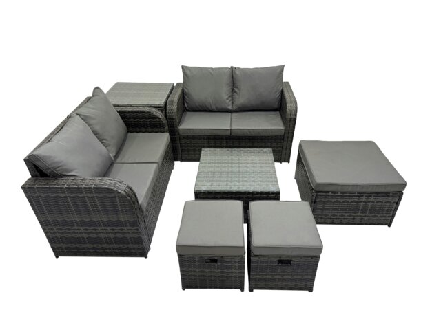 Rackhams Rattan Garden Outdoor Furniture Set Love Sofa Square Coffee Table Set with Side Table 3 Stools Dark Grey Mixed - image 1