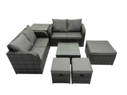 Rackhams Rattan Garden Outdoor Furniture Set Love Sofa Square Coffee Table Set with Side Table 3 Stools Dark Grey Mixed - thumbnail 1