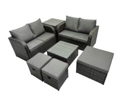 Rackhams Rattan Garden Outdoor Furniture Set Love Sofa Square Coffee Table Set with Side Table 3 Stools Dark Grey Mixed - thumbnail 2