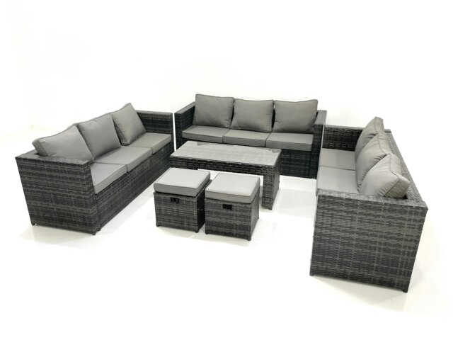 Rackhams Outdoor Garden Furniture Set 11 Seater Rattan Sofa Set with Coffee Table 2 Small Footstools Dark Grey Mixed - image 1