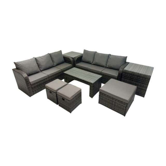Rackhams Rattan Garden Outdoor Furniture Set 3 Seater Sofa Coffee Table with 3 Footstools 2 Side Tables Dark Grey Mixed - image 1