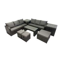 Rackhams Rattan Garden Outdoor Furniture Set 3 Seater Sofa Coffee Table with 3 Footstools 2 Side Tables Dark Grey Mixed - thumbnail 1