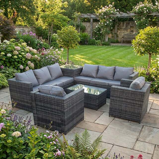 Rackhams 8 Seater Rattan Garden Furniture Set with Sofa, 2 Chairs, Coffee Table & Side Table - Dark Grey - image 1
